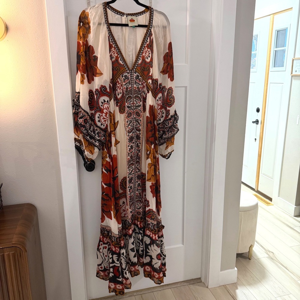 Farm Rio Sand Winter Tapestry V Neck Maxi Dress L Floral Ruffle Boho Fall
